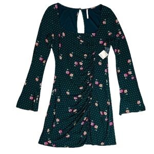 Free People Dress Celia Floral Square Neck Long Sleeve Flare Polka Dot Green